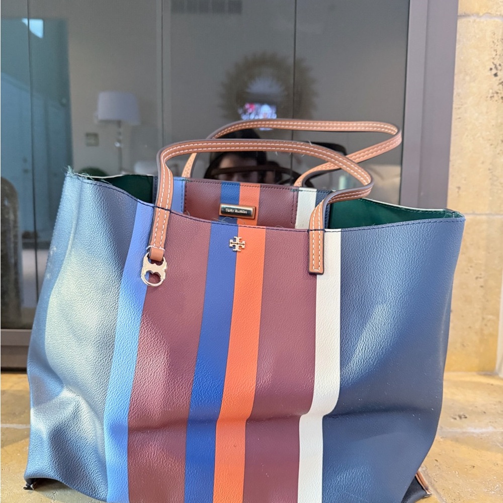Tory Burch Blue and Brown Striped Tote - Picture 3 of 4